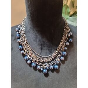 Women's Layered Silver Chain Necklace With Blue Beads And Lobster Clasp Lock